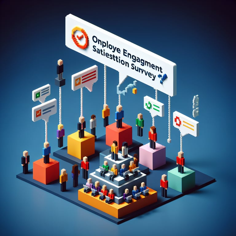 3D voxel art depicting online employee engagement satisfaction survey process on a dark blue background.