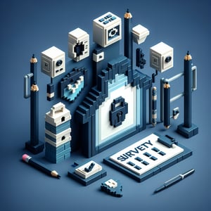 3D voxel art depicting online home security survey concept on a dark blue background.