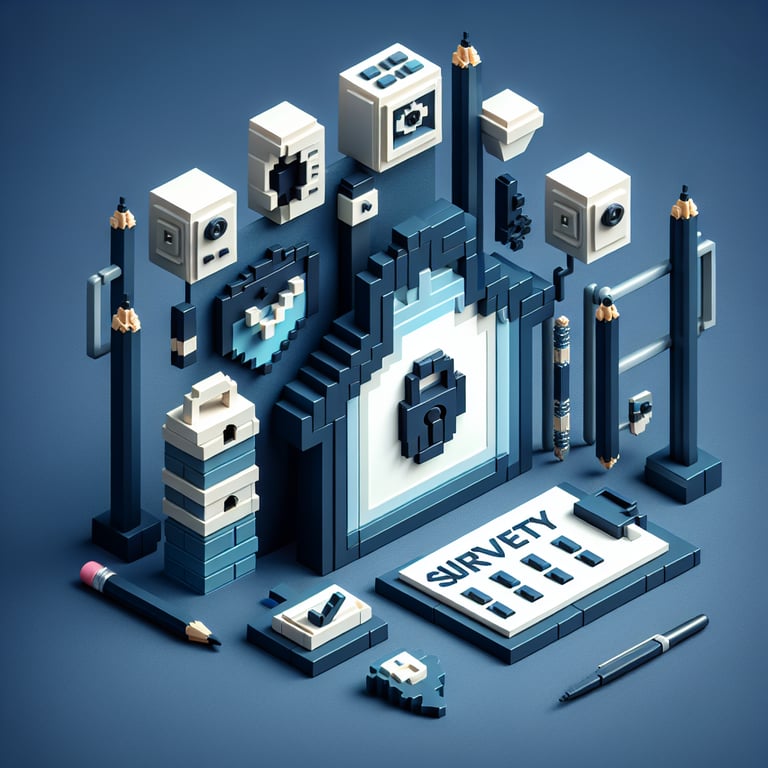 Artistic 3D voxel of a locked door, security sensors, and survey checkboxes