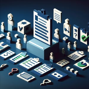 3D voxel art depicting online surveys in an augmented reality context, set against a dark blue background.