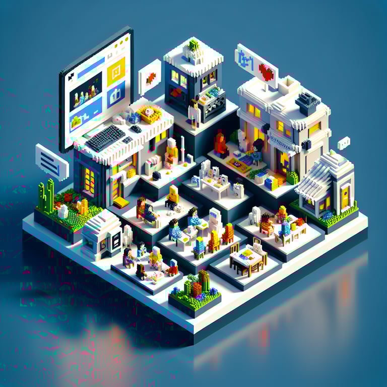 3D voxel art depicting online household composition surveys on a dark blue background.