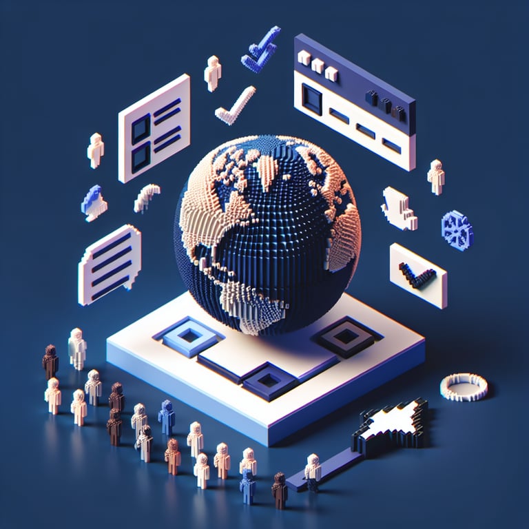 3D voxel art representing culture surveys with engaging elements on a dark blue background.