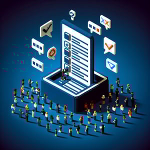 3D voxel art depicting online surveys and questions with a dark blue background.