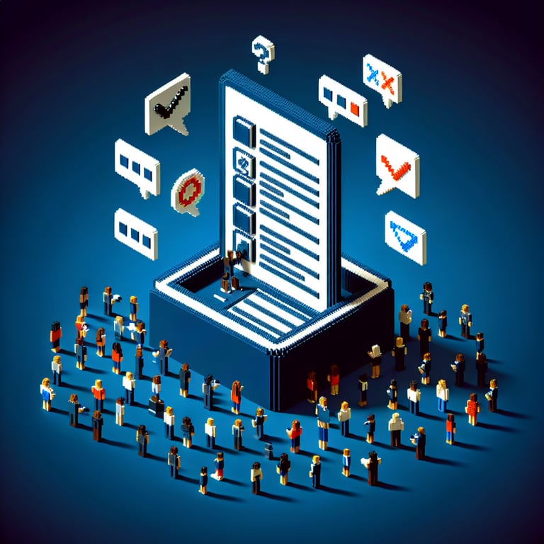 3D voxel art depicting online surveys and questions with a dark blue background.