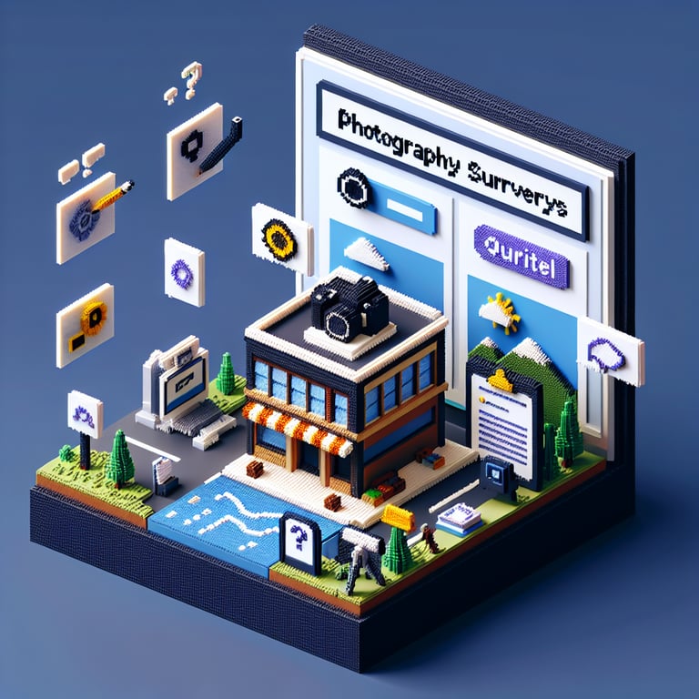 3D voxel art depicting online surveys for a photography business, set against a dark blue background.