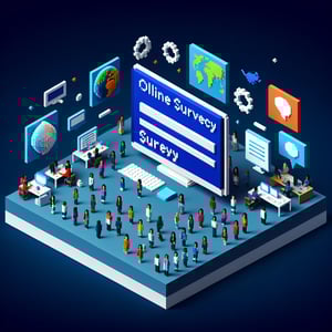3D voxel art illustrating the concept of online cultural competence surveys on a dark blue background.