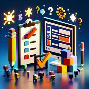 3D voxel art depicting the concept of online surveys and questions on a dark blue background.