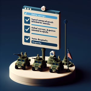 3D voxel art depicting online surveys focused on veteran status, set against a dark blue background.