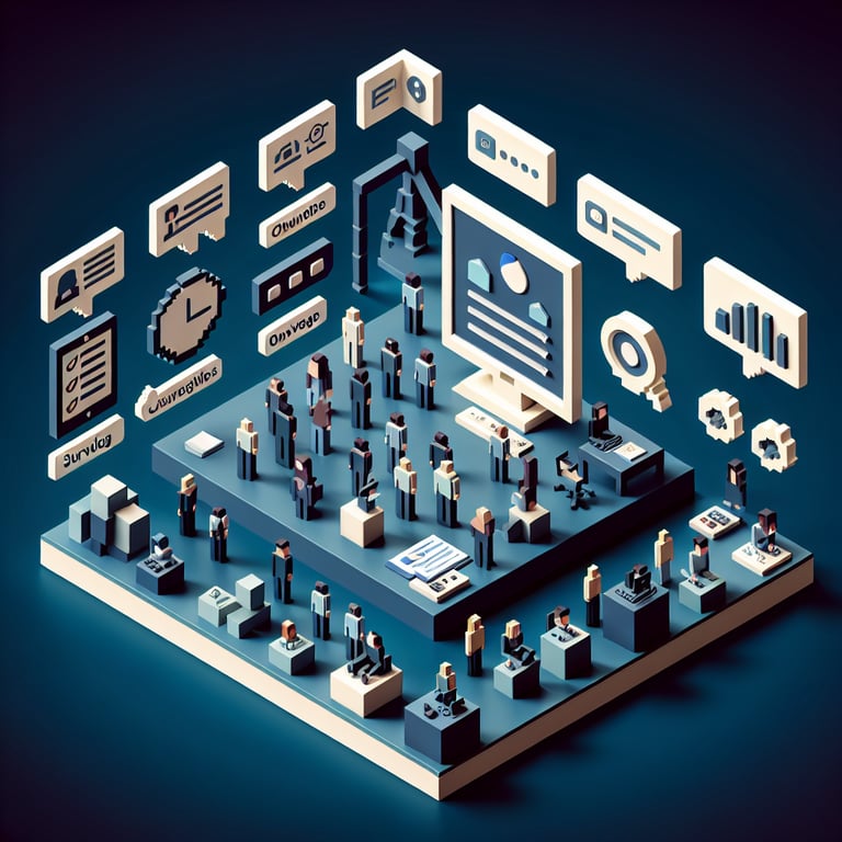 3D voxel art depicting online channel partner surveys on a dark blue background.