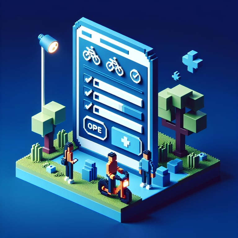 3D voxel art depicting online e-bike surveys on a dark blue background.