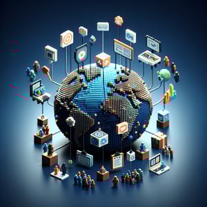 3D voxel art depicting the concept of online co op surveys on a dark blue background.