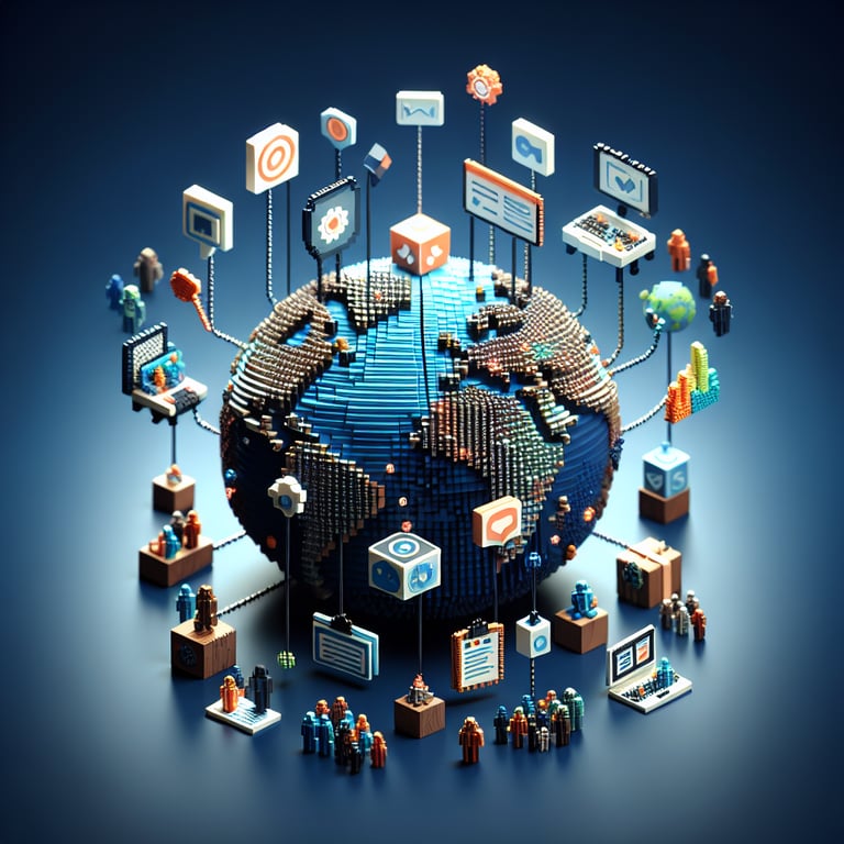 3D voxel art depicting the concept of online co op surveys on a dark blue background.