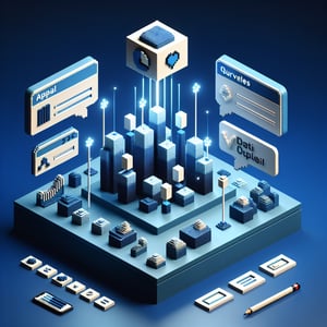 3D voxel art portraying online appeal surveys on a dark blue background.