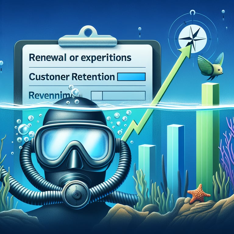 Infographic illustrating Renewal survey questions for customer retention and revenue growth.