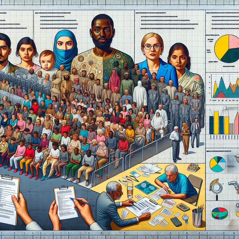 Illustration depicting trends and data analysis through refugee survey questions.