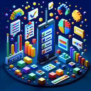 3D voxel art depicting the concept of online surveys and questions, set against a dark blue background.