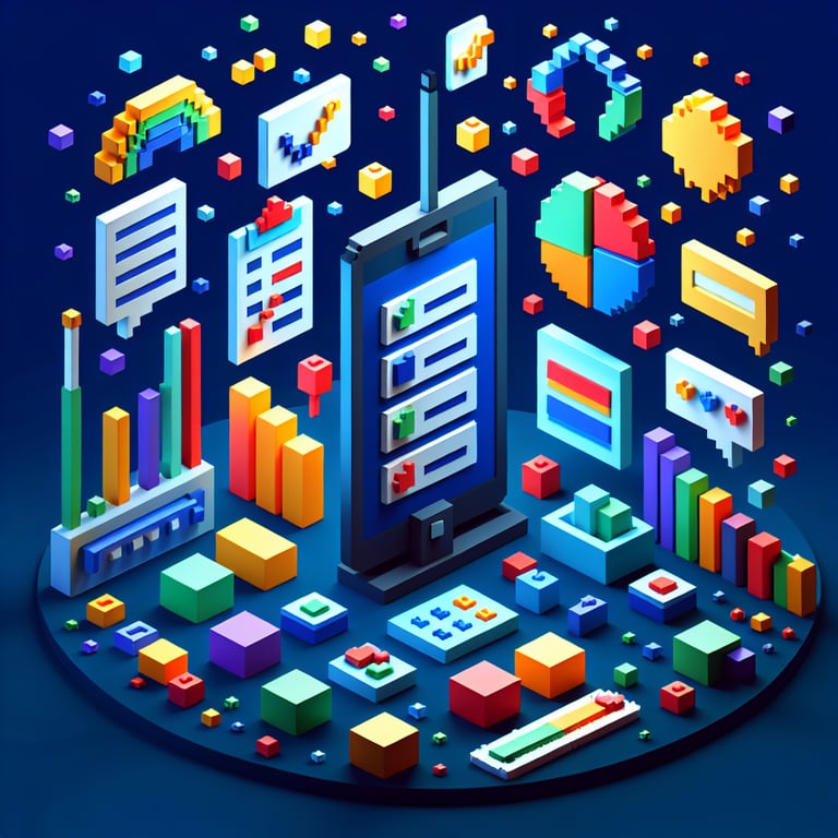 3D voxel art depicting the concept of online surveys and questions, set against a dark blue background.