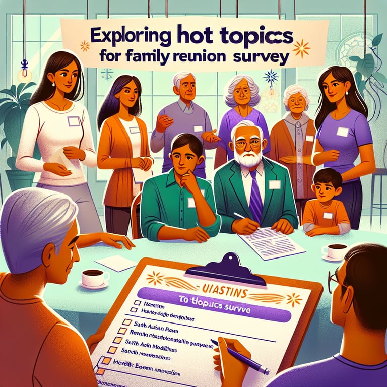 Illustration of hot topics for engaging and relevant Family Reunion survey questions.