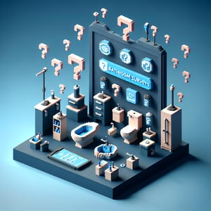 3D voxel art depicting online bathroom survey concept on a dark blue background.