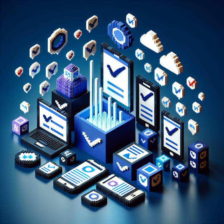3D voxel art illustrating the concept of online BYOD (Bring Your Own Device) employee surveys on a dark blue background.