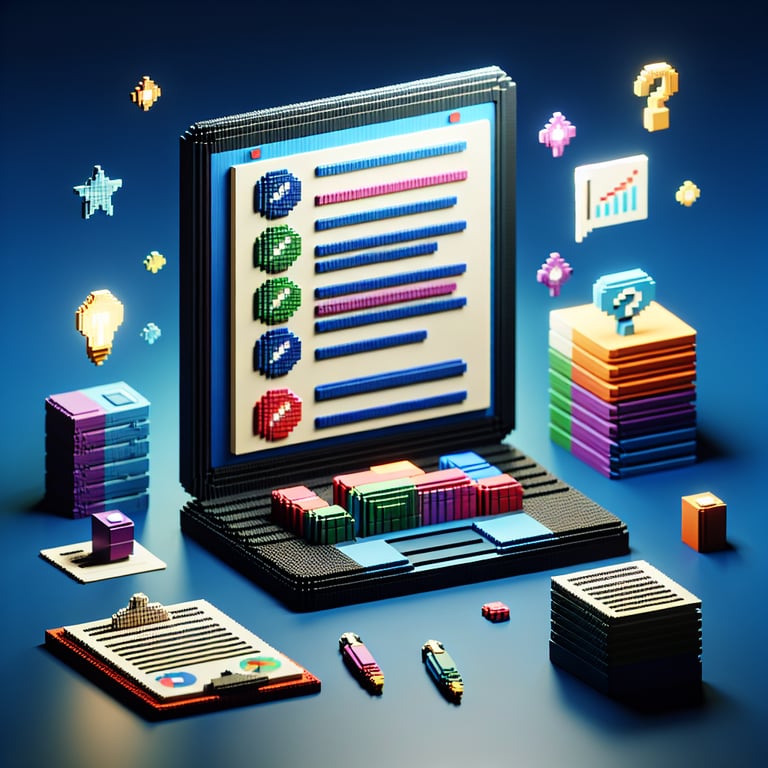 3D voxel art representing online benefit survey questions on a dark blue background.