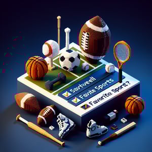 3D voxel art depicting online sports survey concept on a dark blue background.