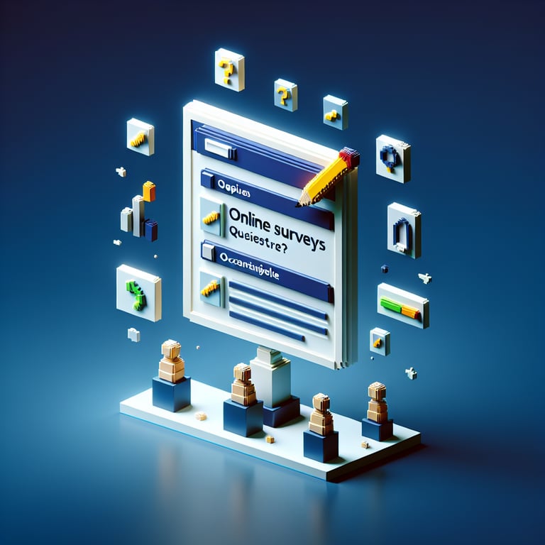 3D voxel art showcasing survey question assessment and quality scoring
