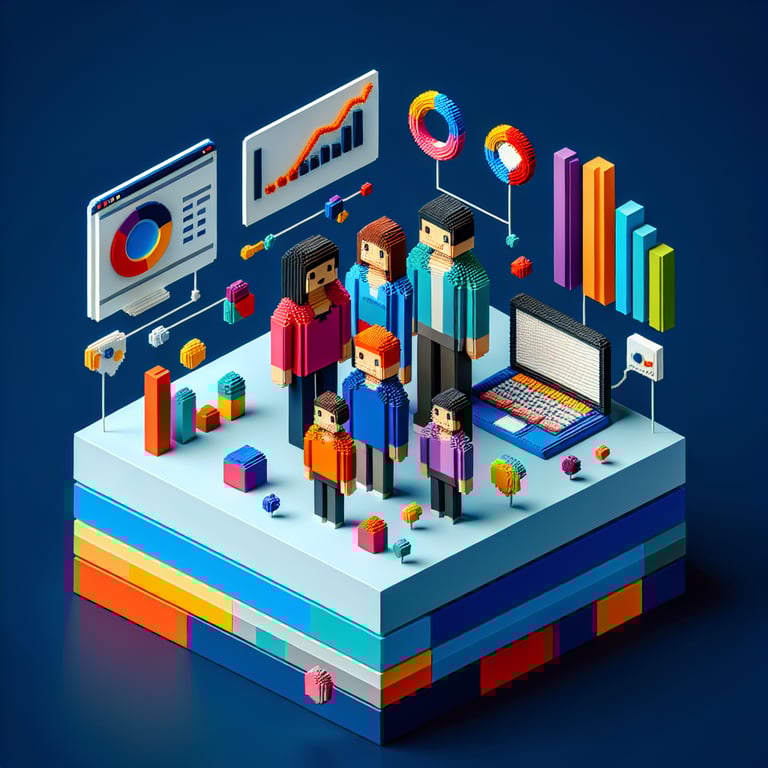 Colorful voxel art depicting household size survey process in 3D blocks
