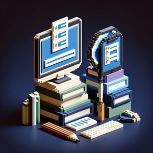 3D voxel art depicting online surveys with a dark blue background, symbolizing study of survey questions.