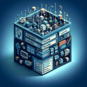 3D voxel art depicting the concept of online organisational climate surveys on a dark blue background.