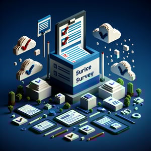 3D voxel art depicting the concept of online mentee surveys on a dark blue background.
