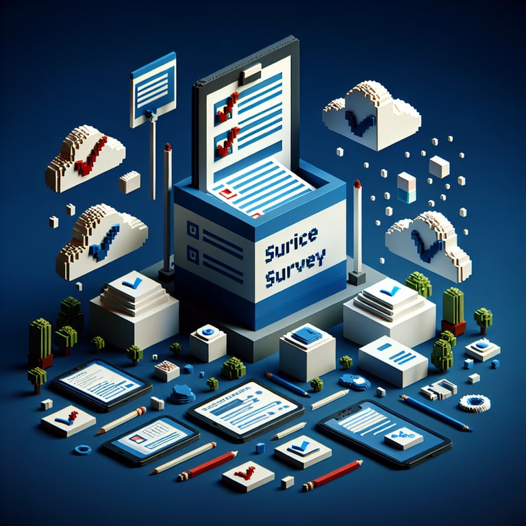 3D voxel art depicting the concept of online mentee surveys on a dark blue background.