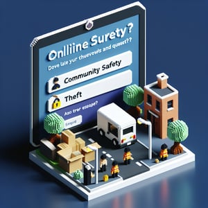 3D voxel art depicting online surveys on community safety against theft, set against a dark blue background.