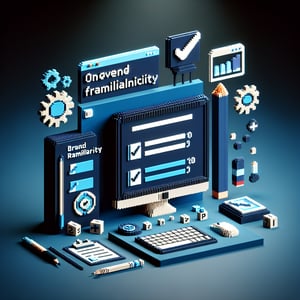 3D voxel art depicting online brand familiarity surveys, set against a dark blue background.
