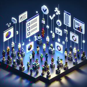 3D voxel art depicting the concept of online diversity employee surveys on a dark blue background.