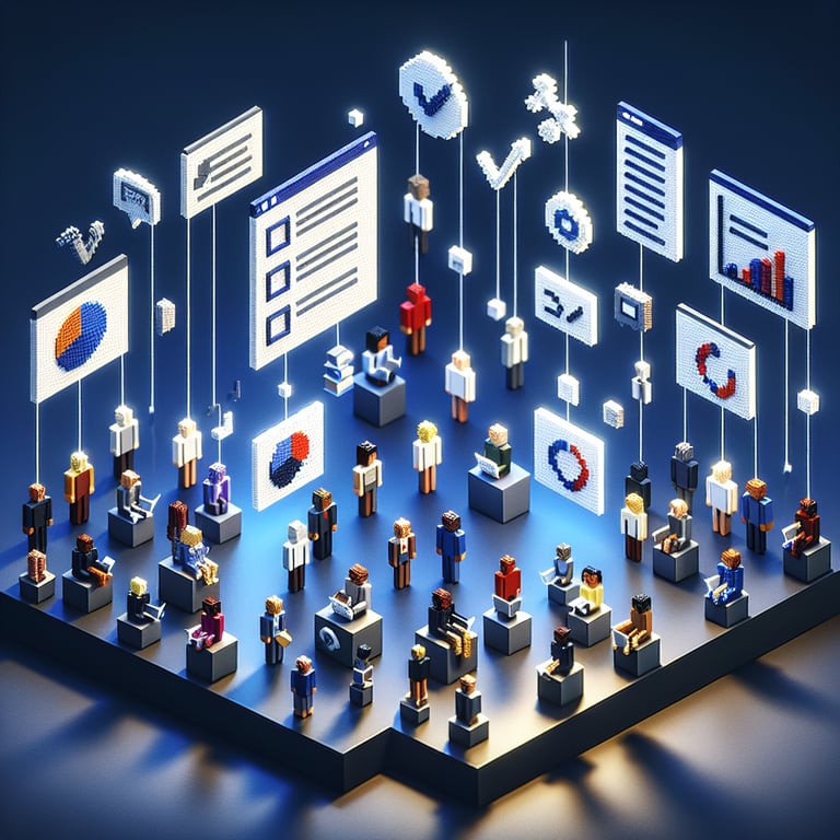 3D voxel art depicting the concept of online diversity employee surveys on a dark blue background.