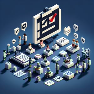 3D voxel art depicting online survey process, symbolizing joint outpatient experience survey.