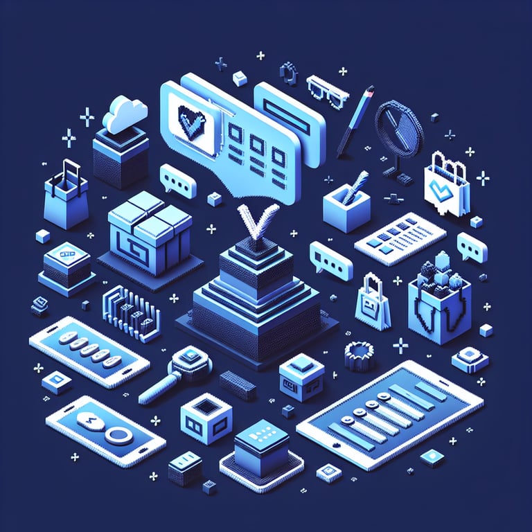 3D voxel art depicting online surveys on a dark blue background, representing product survey questions.