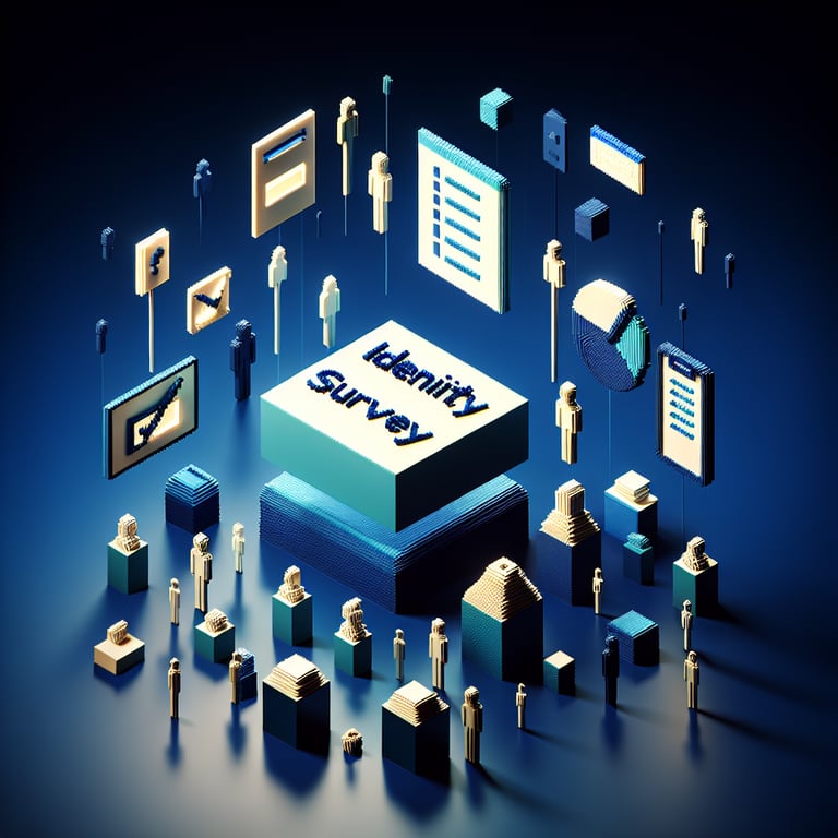 3D voxel art depicting online identity surveys with a dark blue background.