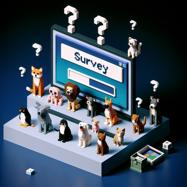 3D voxel art depicting online animal interaction survey with a dark blue background.
