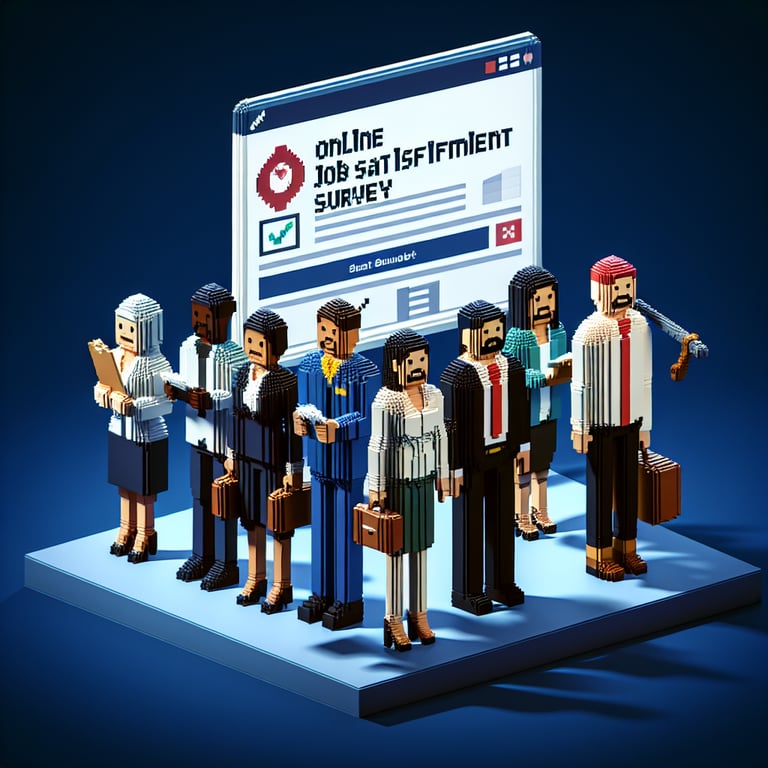 3D voxel art depicting online job satisfaction survey process on a dark blue background.