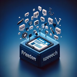 3D voxel art depicting an online survey concept, emphasizing freedom of speech, on a dark blue background.
