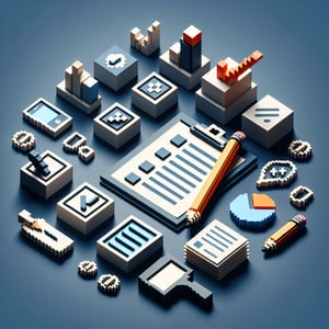 3D voxel art depicting online surveys and questions on a dark blue background for McQuaig Word Survey.