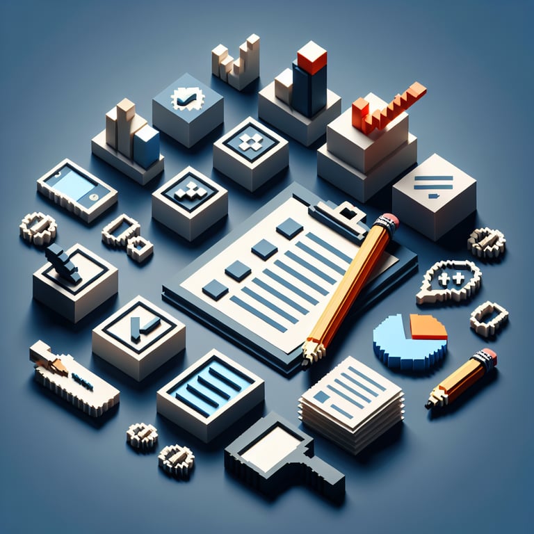Artistic 3D voxel art of dynamic McQuaig word survey interface