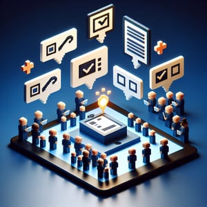 3D voxel art depicting online surveys concept, with a dark blue background, ideal for e-reader survey page.