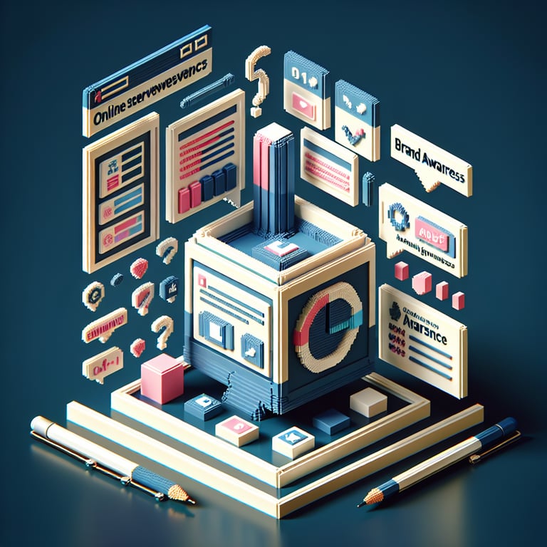 3D voxel art depicting online brand awareness survey process on a dark blue background.