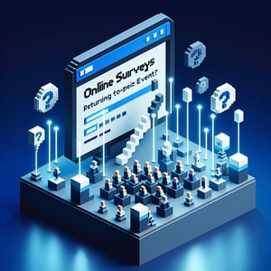 3D voxel art depicting the process of online survey completion for return to in-person events.