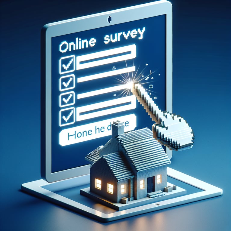 3D voxel art of online homebuyer survey process on a dark blue background.