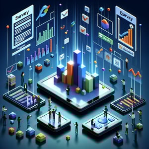 3D voxel art displaying concept of online surveys for new product, on a dark blue background.