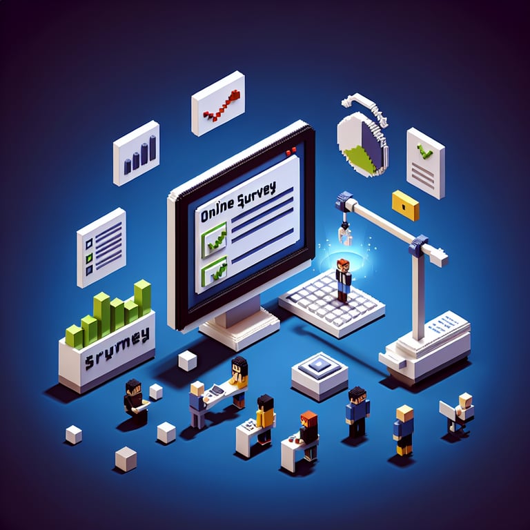 3D voxel art of an enrollment survey workflow in vibrant style